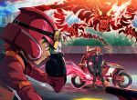  2boys crimson_dragon duel_monster fudou_yuusei gloves goggles green_hair helmet jacket jumpsuit lazward male male_focus motor_vehicle motorcycle motorcycle_helmet multiple_boys red_eyes redhead sakaki_yuuya vehicle yuu-gi-ou yuu-gi-ou_5d&#039;s yuu-gi-ou_arc-v 