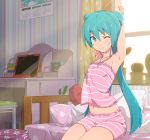  1girl ;) aqua_eyes aqua_hair armpits arms_up computer desk hatsune_miku itoshige laptop long_hair looking_at_viewer midriff navel one_eye_closed plant potted_plant sitting smile solo stretch twintails very_long_hair vocaloid window 