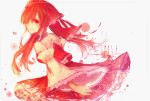  1girl artist_name bow character_name detached_sleeves frame frilled_skirt frills hair_bow hair_over_one_eye hakurei_reimu lace lace-trimmed_hair_ornament lace-trimmed_shirt lace-trimmed_skirt lace-trimmed_sleeves light long_hair looking_at_viewer looking_back paint_splatter red red_eyes red_skirt ribbon-trimmed_sleeves ribbon_trim shirt sidelocks skirt sleeveless smile solo tokyo_(artist) touhou white_background 