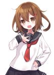  1girl brown_eyes brown_hair fang hair_ornament hairclip hand_on_hip ikazuchi_(kantai_collection) irimo-m kantai_collection looking_at_viewer open_mouth pointing pointing_at_self school_uniform serafuku short_hair smile solo twitter_username 