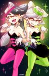  2girls aori_(splatoon) artist_name bike_shorts black_hair detached_collar dress earrings fangs food food_on_head gloves green_legwear grin highres hotaru_(splatoon) jewelry leg_up long_hair looking_at_viewer lyn_(shunao) mask mole mole_under_eye multiple_girls object_on_head open_mouth pantyhose pointy_ears pose purple_legwear shoes short_dress short_hair short_jumpsuit shorts_under_skirt smile sparkle splatoon strapless strapless_dress tentacle_hair white_gloves 