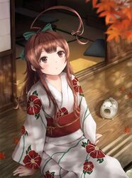  1girl :o ahoge autumn_leaves blush brown_eyes brown_hair dappled_sunlight dragonfly highres huge_ahoge japanese_clothes kantai_collection katori_buta kimono kuma_(kantai_collection) long_hair looking_at_another looking_up obi outdoors papi_(papiron100) print_kimono sash shadow sitting solo upper_body 