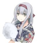  1girl alternate_costume brown_eyes cotton_candy headband highres japanese_clothes kantai_collection kimono long_hair looking_at_viewer natsuyuki shoukaku_(kantai_collection) silver_hair simple_background smile solo upper_body white_background 
