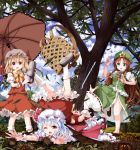  4girls chestnut flandre_scarlet hakurei_reimu hong_meiling multiple_girls remilia_scarlet touhou tree tsurukou_(tksymkw) 