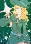  1girl amanda_o&#039;neill belt blonde_hair green_eyes haru_sakurazaki hat little_witch_academia looking_at_viewer solo sparkle witch witch_hat 