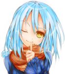  blue_clothes blue_hair coat finger_to_face long_hair nooko rimuru slime smile tensei_shitara_slime_datta_ken yellow_eyes 