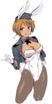  1girl animal_ears blonde_hair breasts brown_eyes bunny_tail bunnysuit cleavage cropped_legs em gloves hand_on_hip hat heart lighter looking_at_viewer open_mouth rabbit_ears short_hair simple_background solo strike_witches tail waltrud_krupinski white_background 