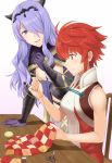  2girls camilla_(fire_emblem_if) fire_emblem fire_emblem_if gloves hair_over_one_eye hinoka_(fire_emblem_if) long_hair multiple_girls purple_hair red_eyes redhead sewing tsuchifumazu violet_eyes 