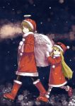  2girls angel_wings black_legwear blonde_hair brown_eyes brown_hair christmas fur_trim haibane_renmei halo hat highres jpeg_artifacts long_hair messy_hair multiple_girls pantyhose rakka red_eyes sack santa_costume santa_hat short_hair snow striped striped_legwear white_legwear wings yasu_(shijimi_8) 