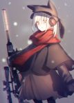  1girl albino animal_hat black_legwear breath cat_hat chromatic_aberration cowboy_shot dress earmuffs gun hat headphones holding_gun holding_weapon kawanakajima long_sleeves looking_at_viewer original red_eyes red_scarf rifle scarf snowing solo weapon white_hair 