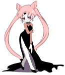  1girl bishoujo_senshi_sailor_moon black_dress black_lady black_shoes chibi_usa crescent double_bun dress earrings emita expressionless facial_mark forehead_mark full_body jewelry long_hair older pink_hair red_eyes shoes side_slit solo standing twintails white_background 