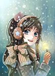  1girl :d black_hair blue_eyes bow brown_gloves cardigan earmuffs fireworks gloves hair_ornament holding open_mouth original ponytail radittz scarf smile snow snowflakes snowing sparkler sparks star_print tied_scarf upper_body winter winter_clothes 