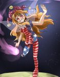  1girl american_flag_legwear american_flag_shirt blonde_hair clownpiece fairy_wings hat jandare jester_cap long_hair moon open_mouth pantyhose red_eyes smile solo striped torch touhou very_long_hair wings 