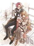  1boy 1girl brown_hair empew glasses heart height_difference long_hair scarf sitting smile spoken_heart thigh-highs 