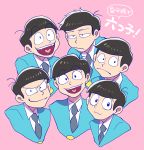  6+boys :3 black_hair bowl_cut brothers choromatsu formal heart heart_in_mouth highres ichimatsu jitome jyushimatsu karamatsu male_focus messy_hair multiple_boys netoro osomatsu-kun osomatsu-san osomatsu_(osomatsu-kun) pink_background sextuplets siblings simple_background smile suit todomatsu upper_body 