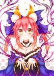  1girl animal_ears bare_shoulders blush bow breasts caster_(fate/extra) cleavage detached_sleeves fate/extra fate_(series) fox_ears hair_bow hair_ribbon japanese_clothes long_hair pink_hair ribbon soda_(sodachuxd) solo twintails yellow_eyes 