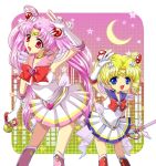  2girls bishoujo_senshi_sailor_moon blonde_hair blue_eyes boots bow brooch chibi_usa choker crescent_earrings crescent_moon crystal_carillon earrings elbow_gloves gloves gradient gradient_background jewelry kairi_(oro-n) kaleidomoon_scope knee_boots long_hair magical_girl moon multiple_girls older pink_background pink_boots pink_hair pleated_skirt red_boots red_bow red_eyes role_reversal sailor_chibi_moon sailor_collar sailor_moon sailor_senshi short_hair skirt smile standing star starry_background super_sailor_chibi_moon super_sailor_moon tiara tsukino_usagi twintails v white_gloves yellow_background younger 