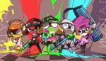  5boys baseball_cap beanie bike_shorts coat coke-bottle_glasses container copyright_name domino_mask dororo frog giroro goggles goggles_on_head grin hat headphones holding holding_weapon keroro keroro_gunsou kururu layered_clothing long_sleeves looking_at_viewer mamako mask multiple_boys open_mouth overcoat oversized_object paint_roller paint_splatter scarf short_sleeves single_vertical_stripe smile splatoon standing super_soaker t-shirt tamama 