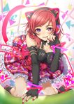  1girl :d animal_ears arm_support bangs black_ribbon blush bracelet cat_ears cat_tail character_name clothes_writing dress elbow_gloves fake_animal_ears fingerless_gloves frills gloves headphones highres jewelry lace-trimmed_gloves lace-trimmed_ribbon looking_at_viewer love_live!_school_idol_project nail_polish nishikino_maki open_mouth paw_pose red_fingernails red_nails redhead ribbon see-through short_hair smile solo tail triangle violet_eyes yana_mori 