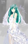  1girl absurdres breasts bridal_veil character_name cleavage colored_eyelashes comb_(suz) dated dress eyelashes fishnet_fabric green_eyes green_hair grey_background hair_over_one_eye highres kagerou_days kagerou_project kido_tsubomi lace-trimmed_dress layered_dress long_hair signature solo strapless_dress veil wedding_dress 