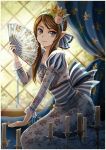 1girl blue_eyes brown_hair candle candlestand collarbone curtains elf fan floral_print flower folding_fan frilled_sleeves frills hair_flower hair_ornament hairband original pointy_ears radittz sash sitting smile solo wax window 