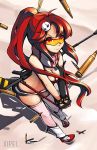  1girl bikini_top boots breasts bullet cleavage gradient gradient_background gun hair_ornament perspective ponytail redhead rifle scarf short_shorts shorts solo strap sunglasses tengen_toppa_gurren_lagann thigh-highs weapon xipel yoko_littner 