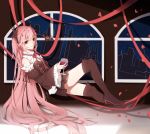  absurdres artist_request cup detached_sleeves dress drinking_glass frills high_heels highres krul_tepes long_hair owari_no_seraph pink_hair red_eyes thigh-highs wine_glass 
