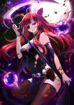  1girl ahoge bare_shoulders black_legwear blue_eyes chain closed_mouth eyepatch full_moon hair_ornament holding_weapon jewelry long_hair looking_at_viewer moon original phonic redhead ring scythe skull sky solo thigh-highs weapon 