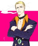  1boy blonde_hair blue_eyes cigarette formal hokuto_shun jewelry jojo_no_kimyou_na_bouken necklace prosciutto solo suit 