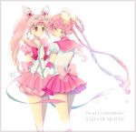  2girls bangs bishoujo_senshi_sailor_moon blush border bow chibi_usa choker closed_mouth copyright_name double_bun earrings elbow_gloves gloves hair_bow hair_ornament hair_rings hairclip hands_together holding_hands jewelry long_hair looking_at_another magical_girl multiple_girls older parted_bangs pink_bow pink_hair pleated_skirt puffy_short_sleeves puffy_sleeves ribbon sailor_ceres sailor_collar sailor_senshi saki_(hxaxcxk) short_sleeves simple_background skirt smile star text tiara twintails white_background white_gloves yellow_bow 