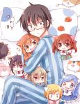  1boy animal_ears brown_eyes brown_hair cat_ears character_request chibi doma_umaru ebina_nana glasses himouto!_umaru-chan hug looking_at_viewer lying miyata_(miyatami07) motoba_kirie on_side pajamas pillow short_hair sparkle tachibana_sylphynford tagme vertical_stripes 