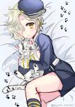  1boy black_legwear gokotai gokotai&#039;s_tigers hair_over_one_eye hat kneehighs lying male_focus on_side paw_print shorts smile tiger touken_ranbu uzura_moimoi white_hair white_tiger yellow_eyes 