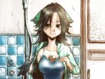  1girl bow brown_eyes hair_bow long_hair madara_hato reiuji_utsuho shower solo swimsuit third_eye touhou undressing wings 