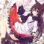  1girl :o animal_ears blush brooch brown_hair dress dress_lift hair_between_eyes imaizumi_kagerou jewelry long_hair long_sleeves looking_at_viewer open_mouth red_eyes shio_(shia-ushio) solo tail touhou wolf_ears wolf_tail 