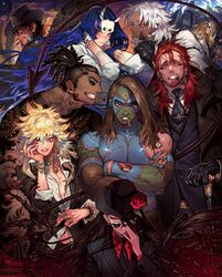  arm_around_shoulder black_hair blonde_hair blue_hair brown_hair cigar cigarette crossed_arms gloves hat highres jewelry long_hair muscle original pigeon666 redhead ring scar sunglasses tagme undead very_long_hair white_hair 