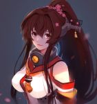  1girl bangs breasts brown_eyes brown_hair cherry_blossoms flower gradient gradient_background hair_flower hair_ornament headgear kantai_collection large_breasts lipstick long_hair looking_at_viewer makeup petals ponytail red_eyes smile sola7764 solo yamato_(kantai_collection) 