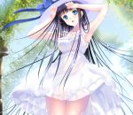  1girl :o armpits bare_arms black_hair blue_eyes blue_sky bow collarbone dress gorua_(youce01) hand_on_forehead hat leaf open_mouth original outdoors sky sleeveless sleeveless_dress solo sparkle sundress thighs white_dress 