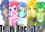  blonde_hair blue_eyes blue_hair coat earrings furinto_(pokemon) green_eyes green_hair jewelry kojirou_(pokemon) musashi_(pokemon) pokemon pokemon_(anime) purple_hair redhead team_rocket uniform yellow_eyes 