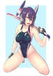  1girl and breasts eyepatch fang fingerless_gloves gloves headgear kantai_collection kneeling large_breasts one-piece_swimsuit purple_hair short_hair solo swimsuit sword tenryuu_(kantai_collection) thighs weapon yellow_eyes 