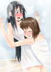  2girls bath black_hair blush brown_hair closed_eyes commentary_request hatsushimo_(kantai_collection) highres hug kantai_collection long_hair multiple_girls naked_towel open_mouth red_eyes short_hair steam towel wet yukikaze_(kantai_collection) yuri zaki_(2872849) 