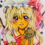 1girl absurdres blonde_hair flandre_scarlet hat highres iori_mokamoka looking_at_viewer open_mouth smile solo star stuffed_animal stuffed_toy teddy_bear touhou traditional_media 