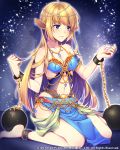  1girl ankle_cuffs bare_shoulders barefoot beads blonde_hair blue_eyes breasts chain cleavage collarbone earrings gem highres iron_ball jewelry lost_crusade momore_(peaches) navel navel_cutout pointy_ears sapphire_(stone) sitting solo square_enix wariza 