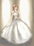  1girl blue_(pokemon) brown_hair dress happy highres highvoltage long_hair open_mouth pokemon pokemon_special red_eyes smile solo wedding_dress 
