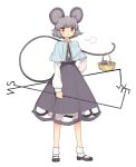  1girl animal_ears basket bloomers blush capelet dowsing_rod dress full_body grey_dress grey_hair jewelry kumadano long_sleeves looking_at_viewer mary_janes mouse mouse_ears mouse_tail nazrin necklace red_eyes shoes short_hair simple_background socks solo tail touhou underwear white_background white_legwear 