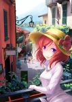  1girl flower hat hat_flower kyoumu_(huangf91) looking_back love_live!_school_idol_project nishikino_maki open_mouth pointing real_world_location redhead short_hair smile solo_focus straw_hat sun_hat violet_eyes 