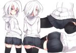  1girl ahoge ass black_legwear blue_eyes blush commentary_request from_behind haegiwa hands_in_pockets hoodie looking_at_viewer looking_back lying on_side original pleated_skirt short_hair simple_background sitting skirt solo thigh-highs wariza white_background white_hair 