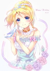  1girl ayase_eli blonde_hair blue_eyes cinderella_(cosplay) cinderella_(grimm) glass_slipper happy_birthday long_hair love_live!_school_idol_project ponytail sakura_hiyori smile solo 