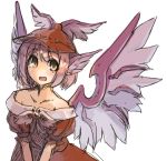 1girl :d adapted_costume animal_ears arm_garter bare_shoulders brown_dress dress fran_(tukihashi) mystia_lorelei no_nose open_mouth pink_hair puffy_short_sleeves puffy_sleeves short_hair short_sleeves smile solo touhou v_arms white_background winged_hat wings yellow_eyes 