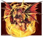  breasts clenched_hands dark_skin demon fire horns navel open_mouth pointy_ears redhead ros thigh-highs under_boob wings yellow_eyes 