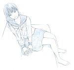  1girl barefoot long_hair monochrome original school_uniform sketch solo traditional_media yoshitomi_akihito 